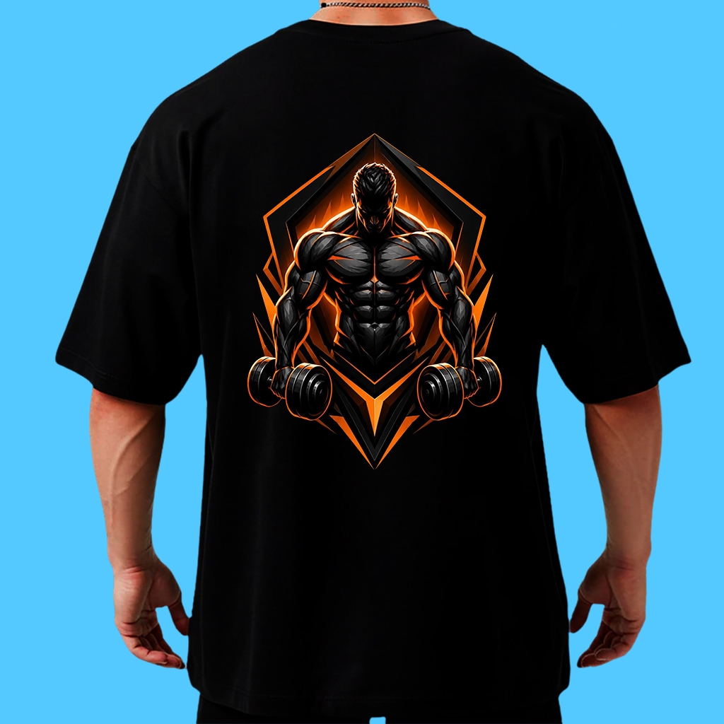 Camiseta Masculina Oversized 100% Algodão Estampa Musculação Bodybuilder Academia Fitness Logo Laranja Preta Plus Size
