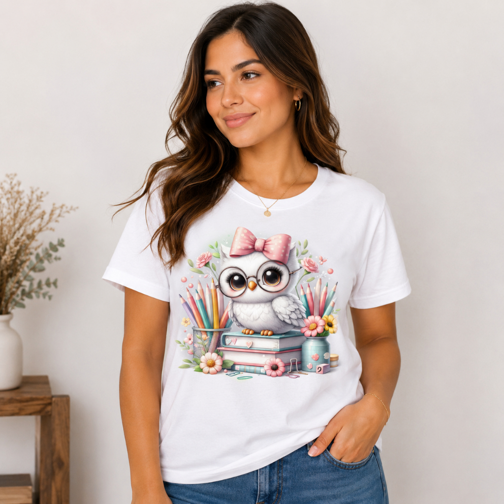 Camiseta Feminina Corujinha Professora Pedagogia 100% Algodão Unissex Várias Cores Manga Curta