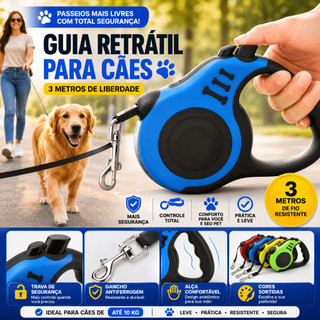 Coleira Guia Retrátil Cachorro 3 Metros Com Trava de Segurança Para Cães Até 10kg Passeio Pet