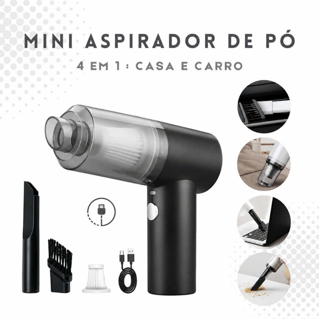 Aspirador e Soprador Portátil 4 em 1 - Alta Potência e Multifuncional para Limpeza Completa