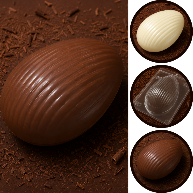 1~5 Forma BWB Com Silicone (3 partes) Para Chocolate Cód. 9334 - Ovo Texturizado Ondas 500g. Páscoa (CHOCO)