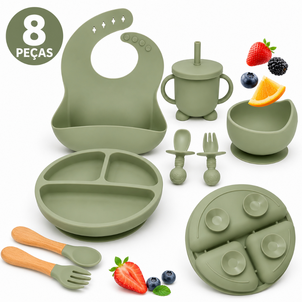 Talheres bebê silicone 8 Peças kit Talheres Infantil Com Ventosa Canudo Colher Babador Garfo NOVO 2026