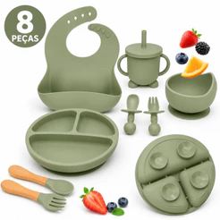 Talheres bebê silicone 8 Peças kit Talheres Infantil Com Ventosa Canudo Colher Babador Garfo NOVO 2026