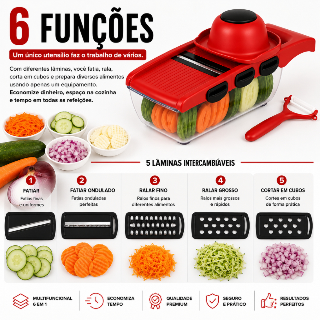 Cortador de Legumes Mandoline 6 em 1 Multifuncional Fatiador Ralador com Recipiente e Lâminas em Aço Inox CoupeChef™