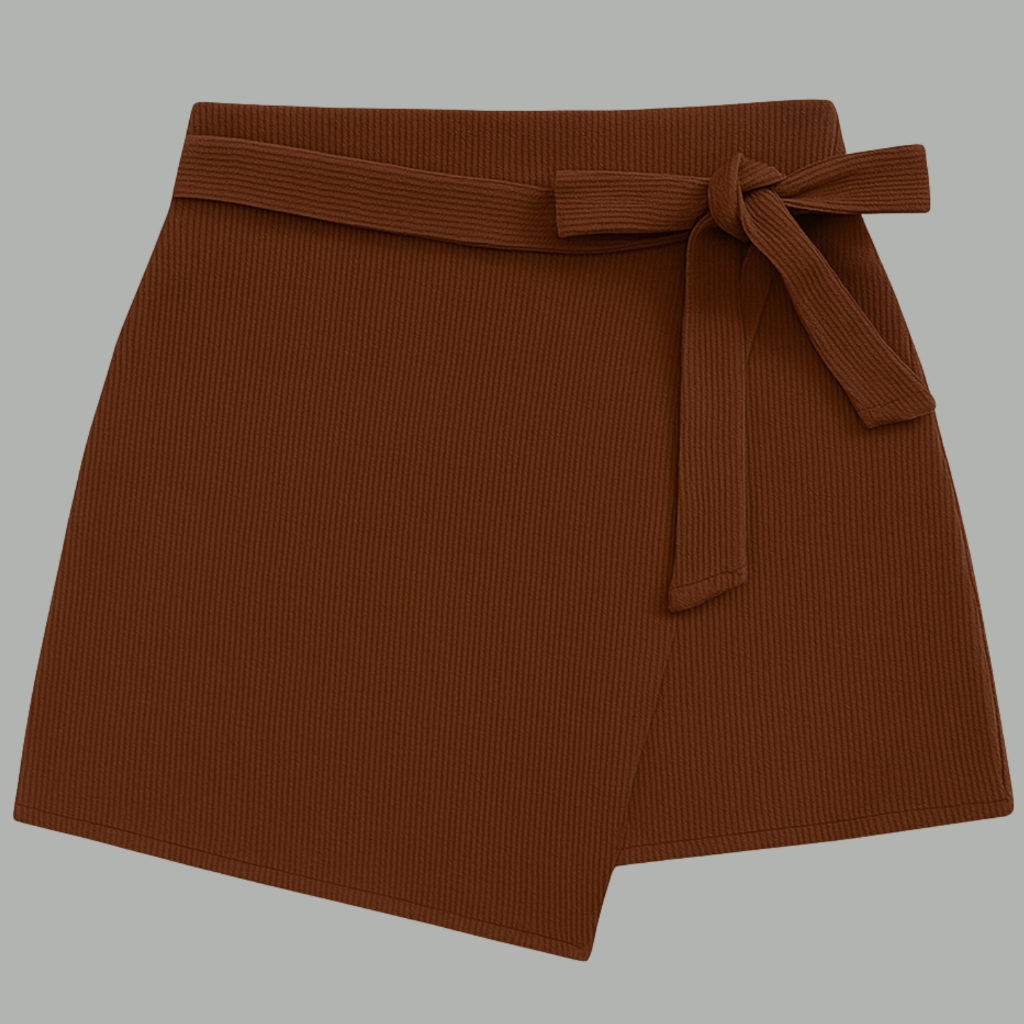 Short Saia Feminino com Laço Frontal, Detalhe Assimétrico e Cintura Alta