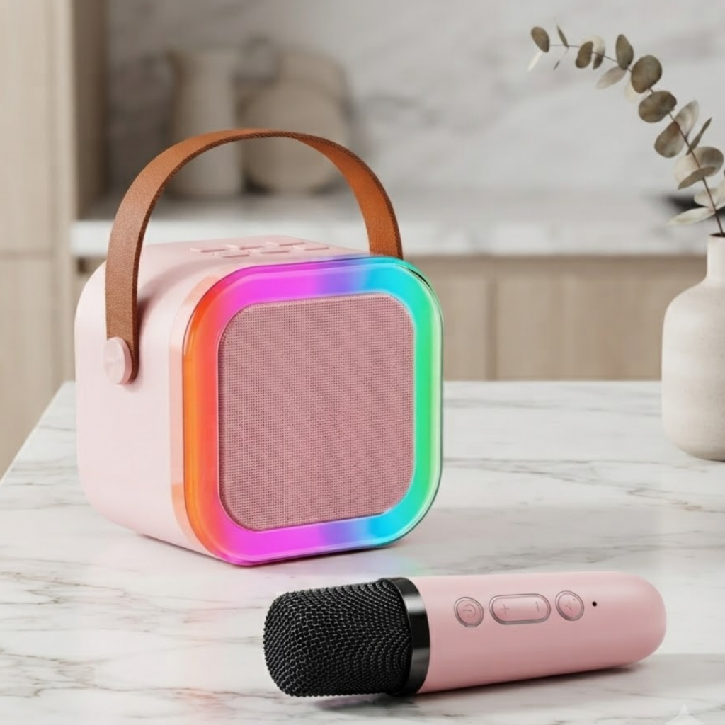 Caixa de Som Bluetooth Karaokê com 2 Microfones ROSA Sem Fio RGB Portátil Recarregável