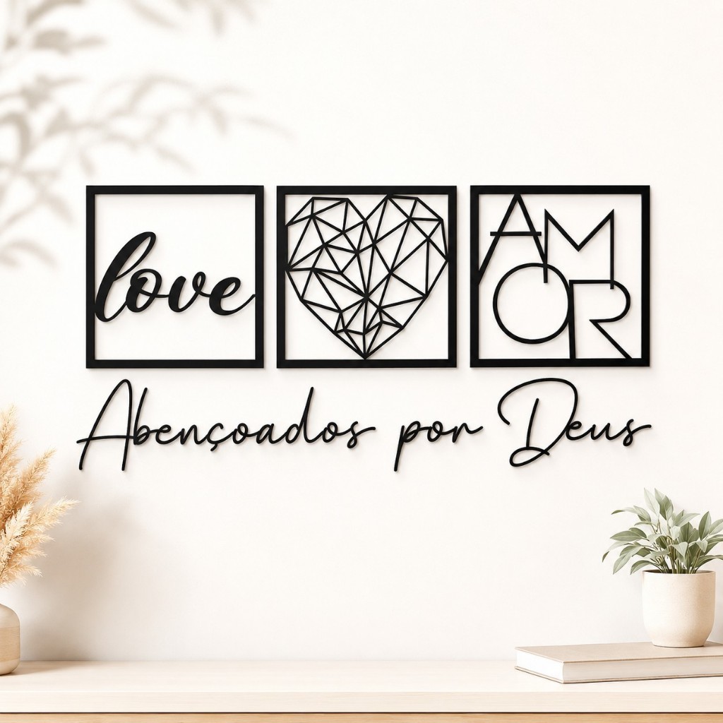 Kit com 3 Quadros Decorativos + Frase Abençoados por Deus - Decoração para Sala e Quarto em MDF