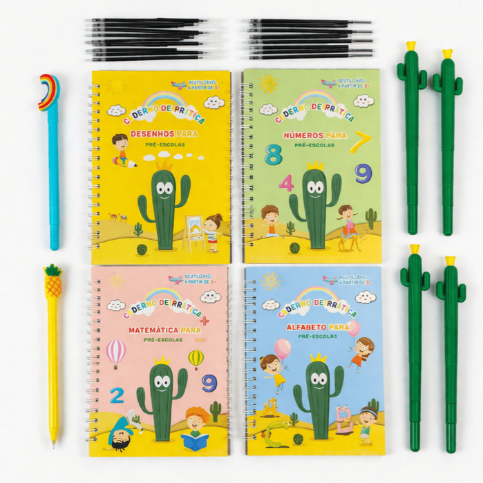 Kit 4 Cadernos com Caneta Magica Grande - As Letras Desaparecem