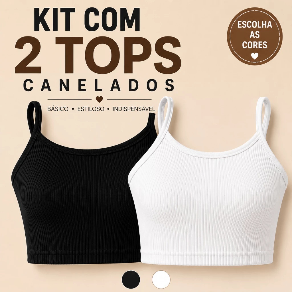 Kit 2 Top Cropped Feminino Canelado Alcinha Ribana Básico Academia Fitness Casual