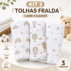 Toalha Fralda Papi Kit com 3 Unidades – 100% Algodão