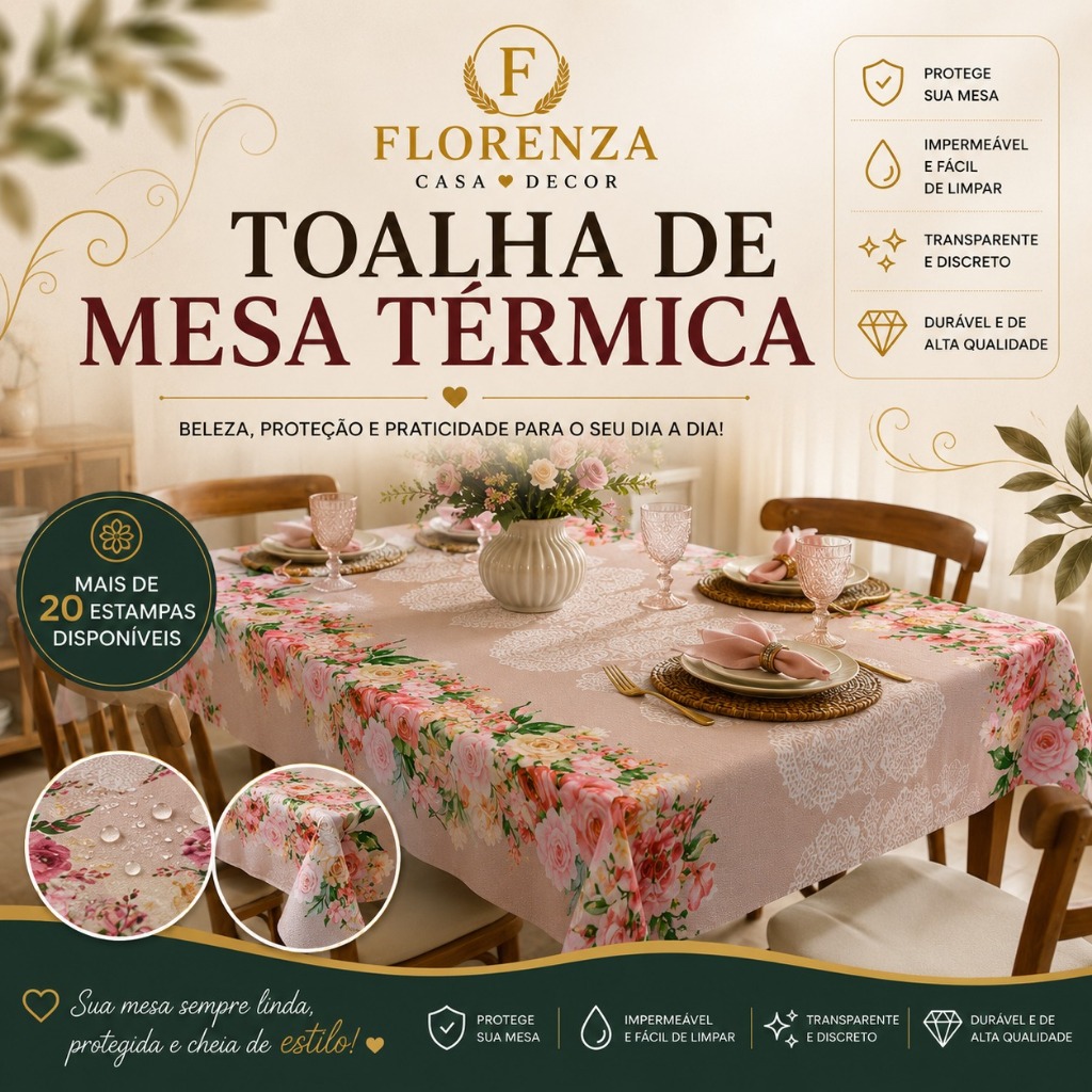 Toalha de Mesa Térmica Impermeável Estampada — 4 a 12 Lugares | Forro Plástico Decoração de Cozinha