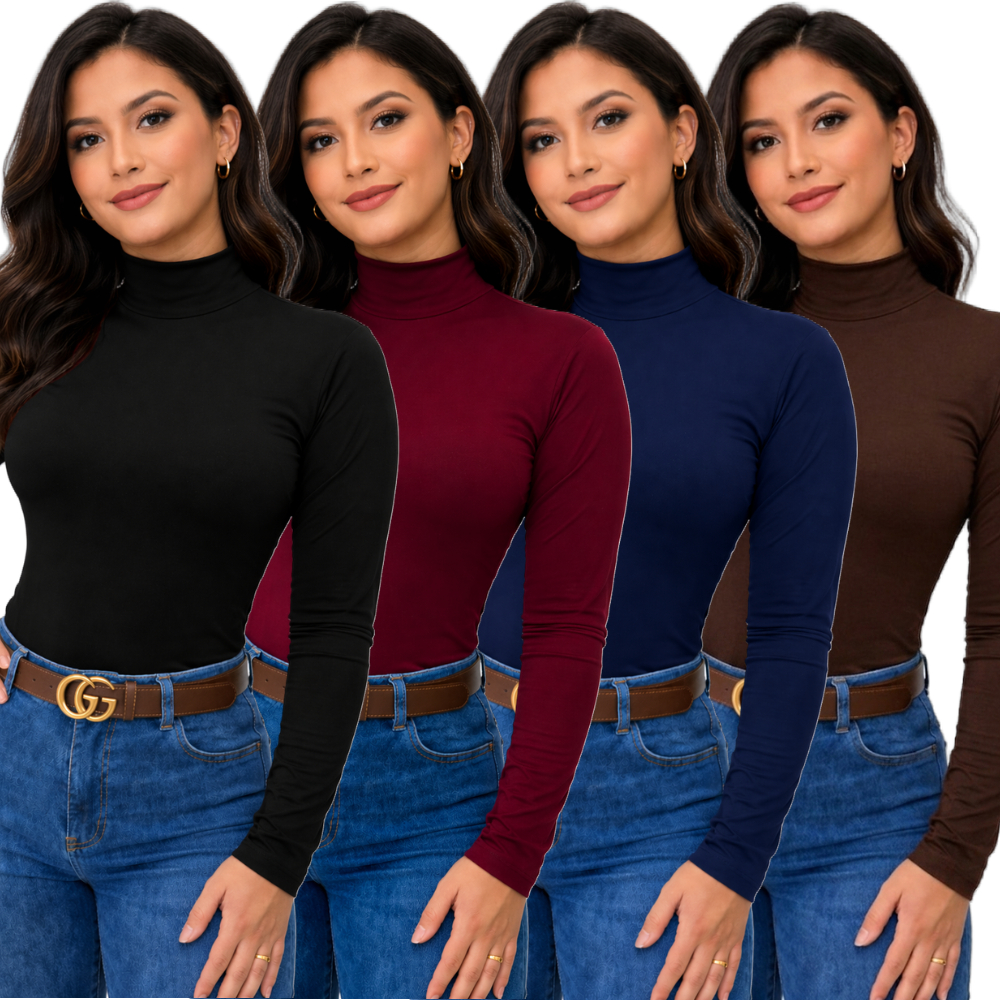 Blusa Feminina Manga Longa Cacharrel Justa Confortável Básico Gola Alta Suplex Outono Inverno