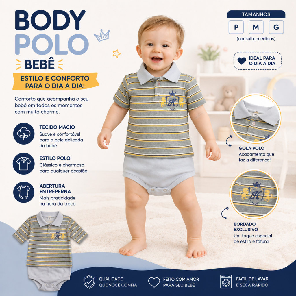 Body Polo Bebê Masculino Manga Curta Gola Polo Bordado Tam P M G +1BB