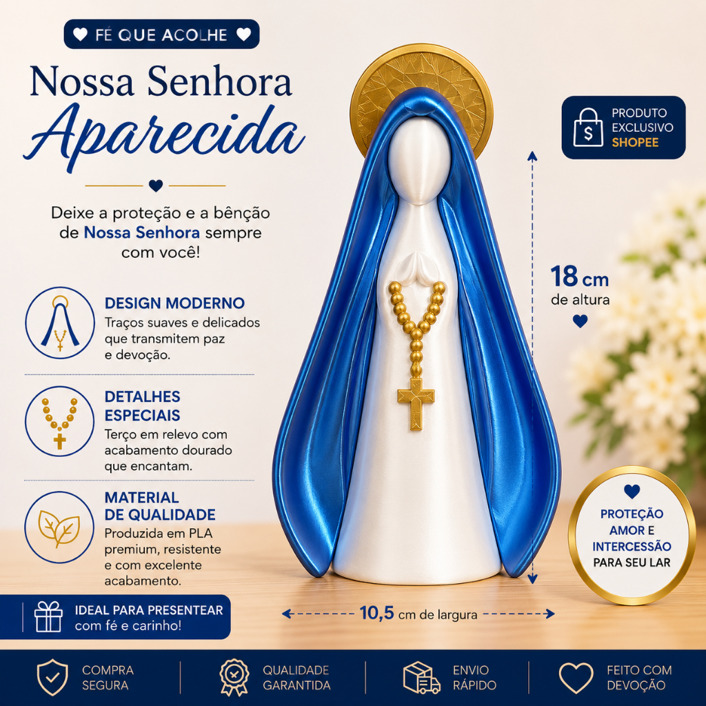 Imagem Nossa Senhora Aparecida Escultura Decorativa Religiosa 3D 18cm 10cm Presente Católico