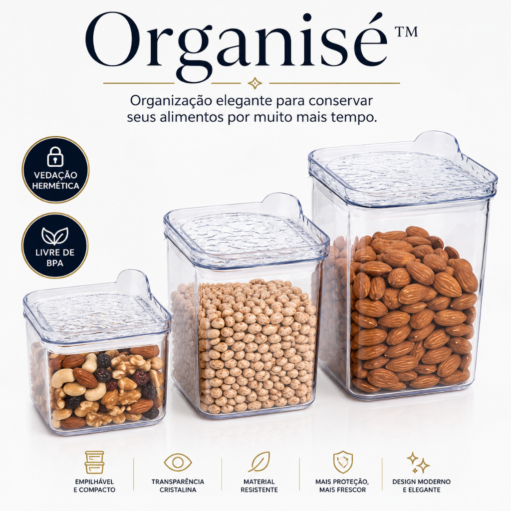 Kit 3 Potes Herméticos com Tampa Vedação Hermética Organisé™ Transparente BPA Free Organizador de Mantimentos Cozinha Em