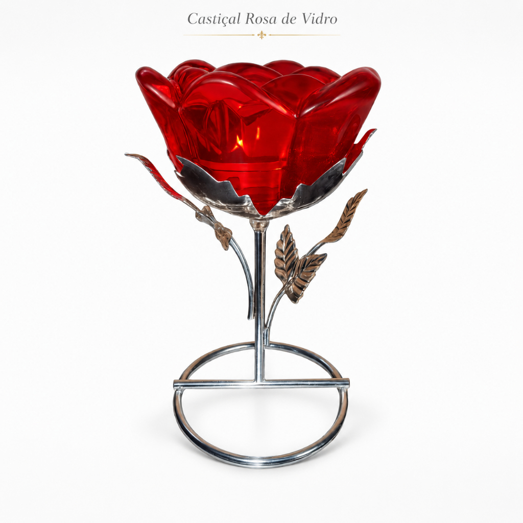 Castiçal Porta Vela Flor Rosa em Vidro com Base em Metal Decorativo
