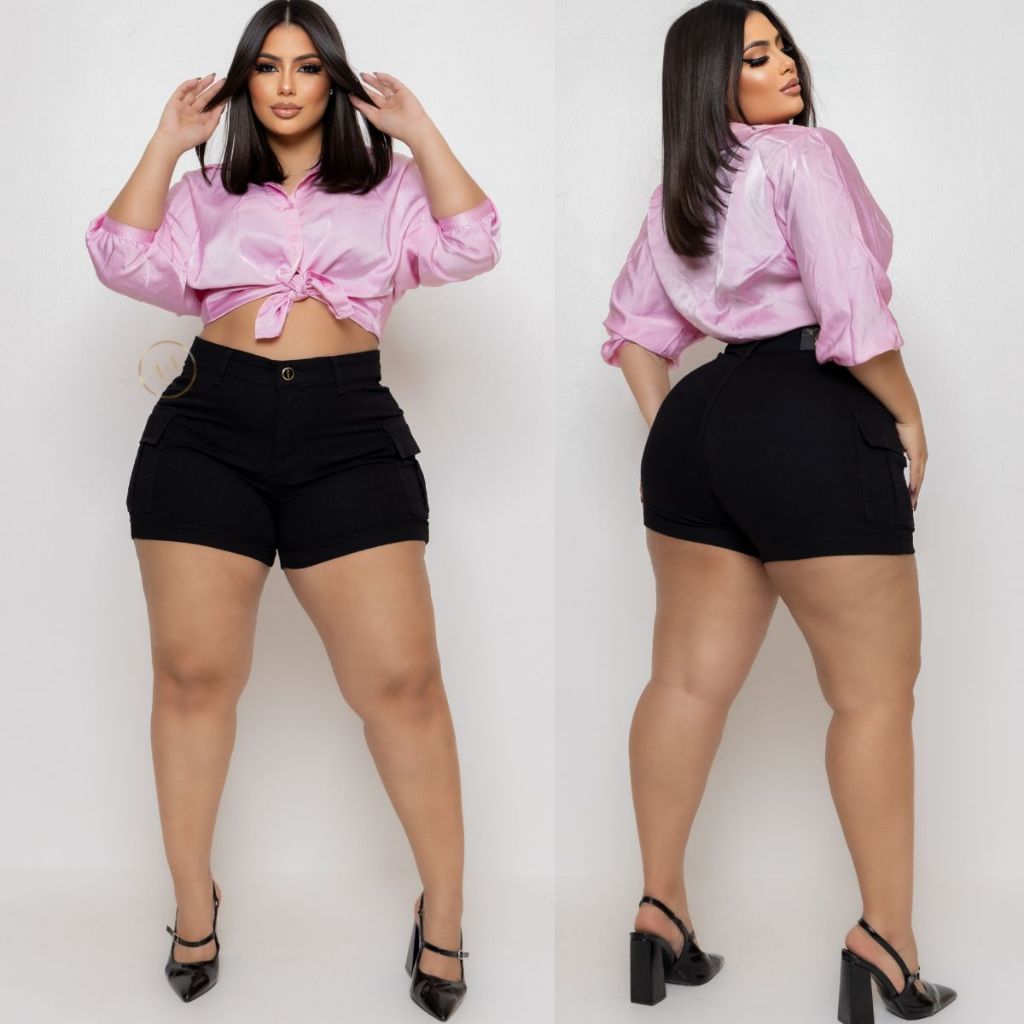 Short Jeans Cargo Plus Size Feminino Com Lycra