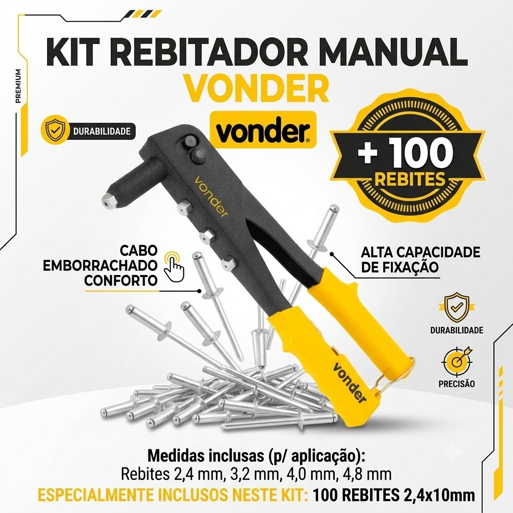 Kit Rebitador Manual Vonder com 100 Rebites 2,4x10mm para Chapas Alumínio e Metal