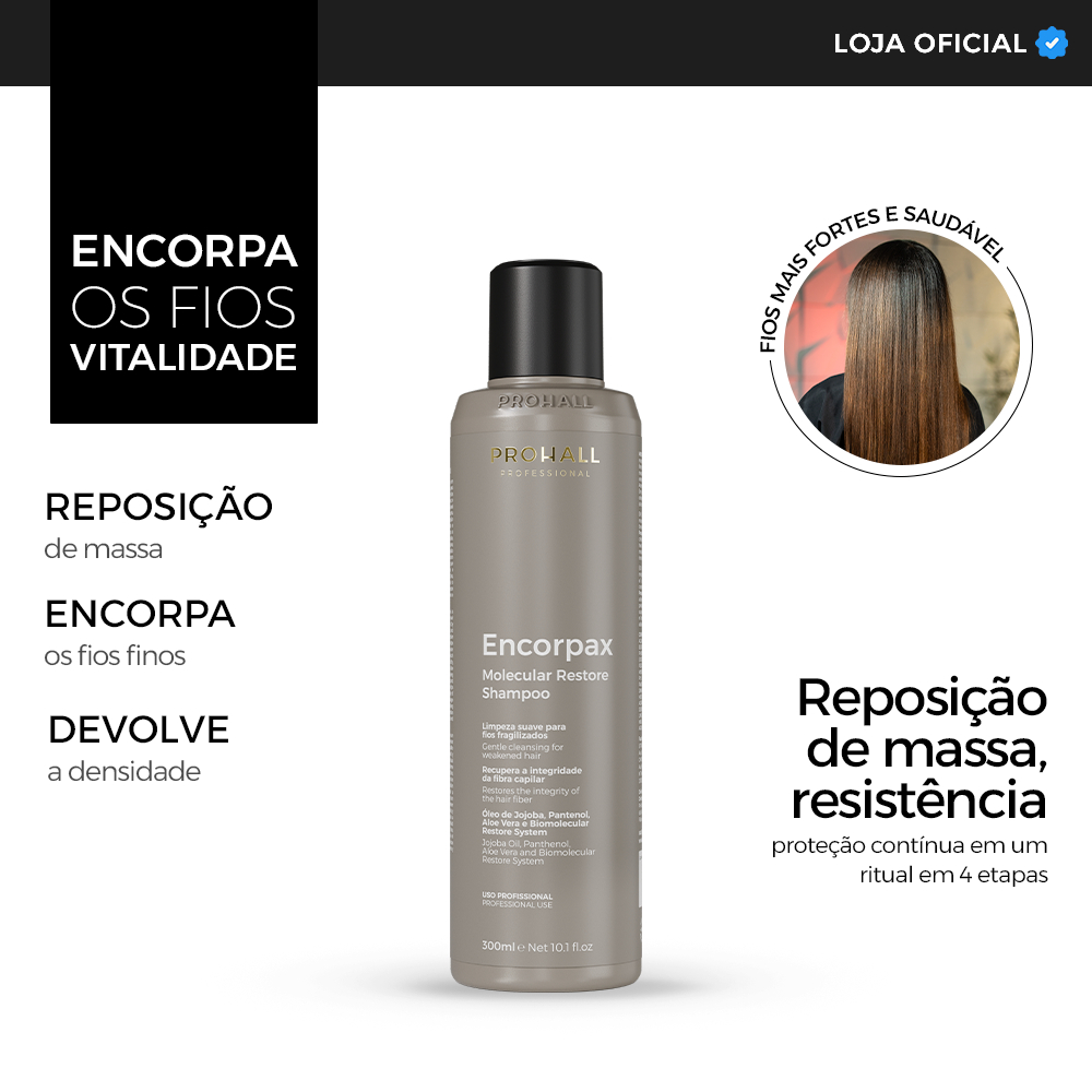 Shampoo para Cabelos Finos Limpeza e Reposição de Massa Encorpax Prohall 300ml