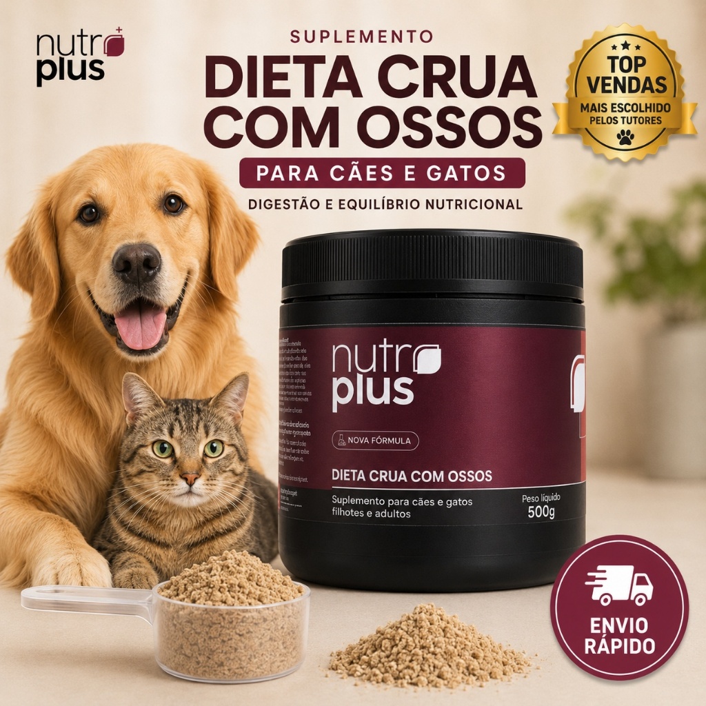 Suplemento Mineral e Vitamínico Cães e Gatos em Dieta Crua com Ossos Digestão e Equilíbrio Nutricional 500g Nutroplus