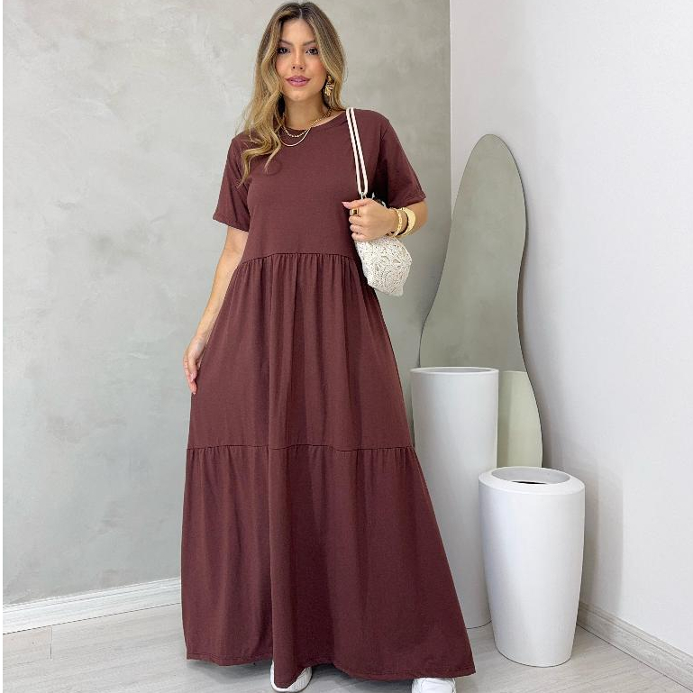 Vestido liso longo com manga - básico e essencial