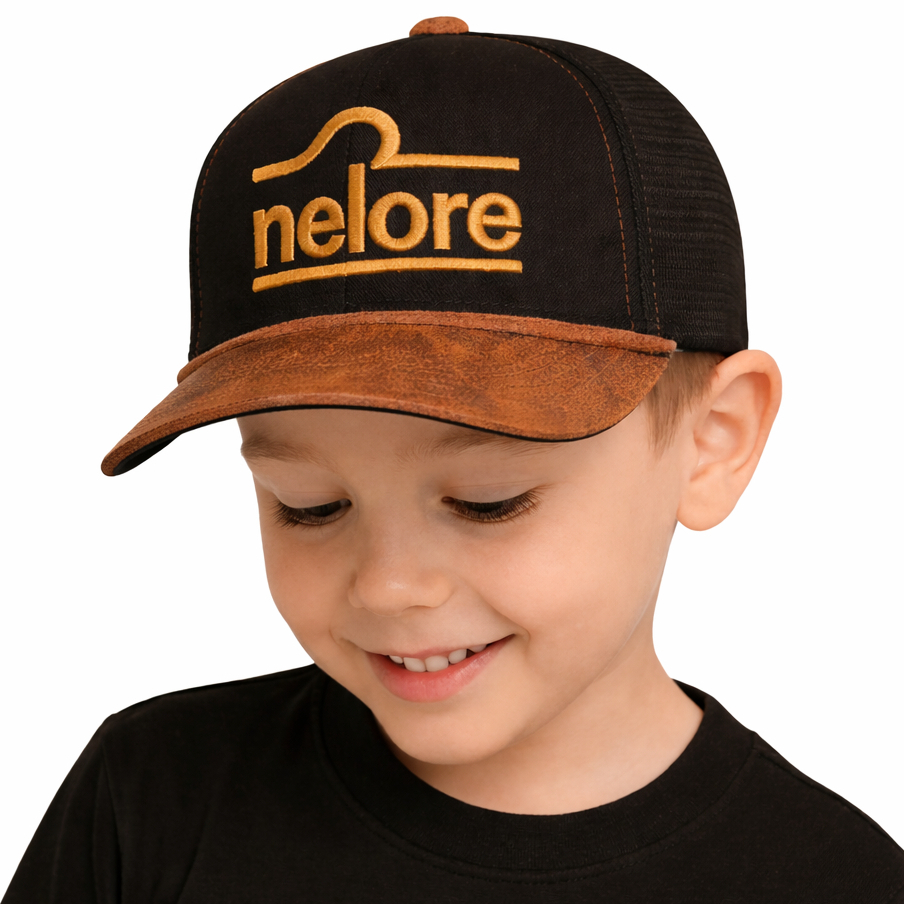 Boné Infantil Country Aba Curva em Couro Bordado Ajuste Snapback Menina Menino
