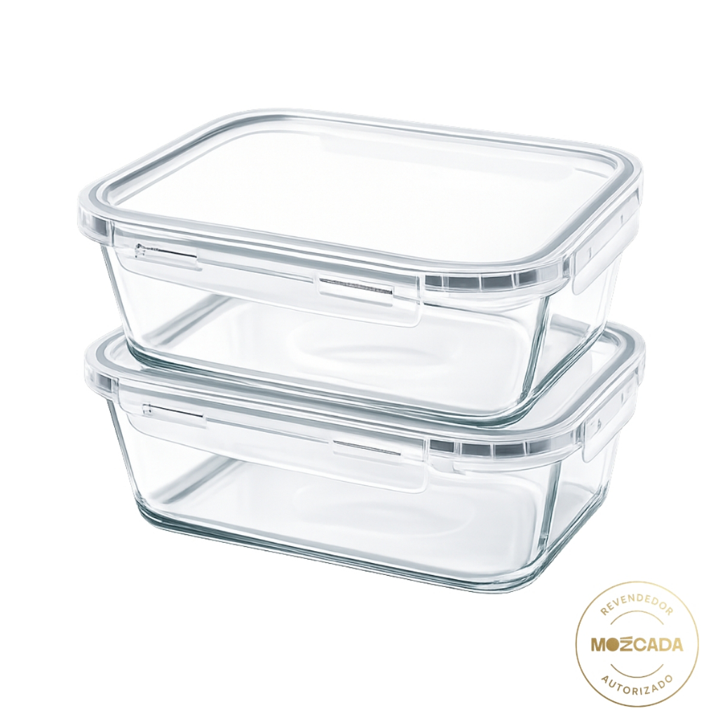 Kit 2 Potes Vidro Borossilicato 1,5L Hermético Marmita Microondas Forno Airfryer Freezer Mozcada