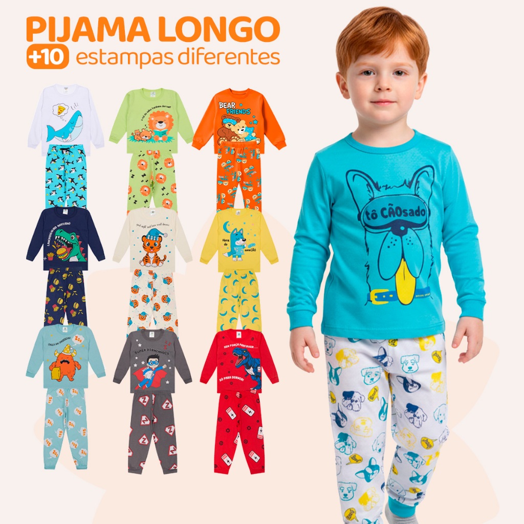Kit Sortido 6 Peças Pijama Comprido Infantil Menino - 3 Camisas + 3 Calças - Kit com 3 Pijamas de Roupa Infantil Menino