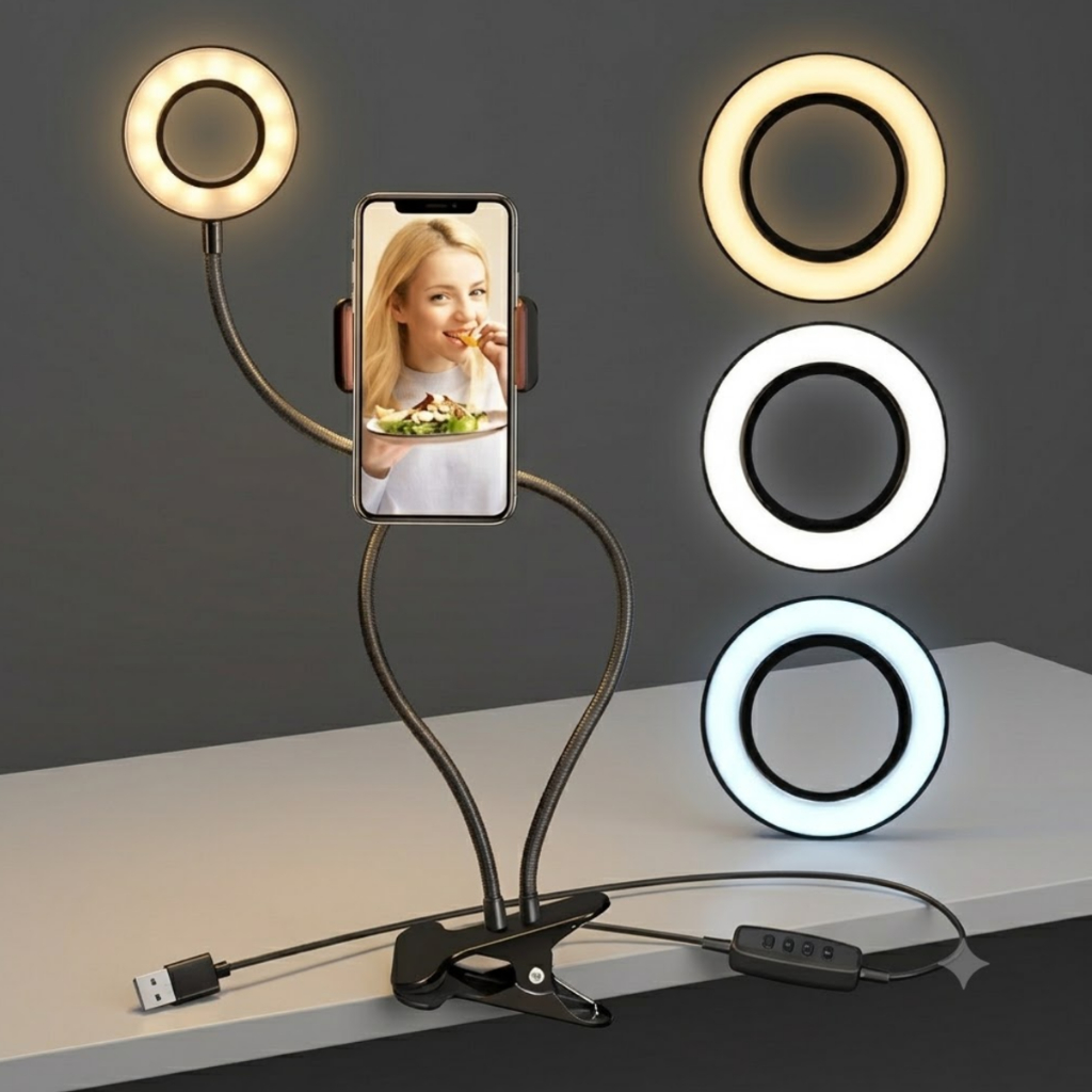 Luz Ring Light LED 2 em 1 + Suporte Celular Flexível Clip Mesa USB Iluminação Para Vídeo Live