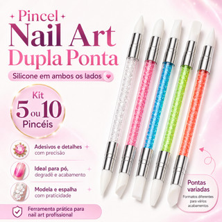 Kit 5 ou 10 Pincéis Silicone Boleador Ponta Dupla Nail Art Strass Pedraria Unha 3D Decoração Profissional