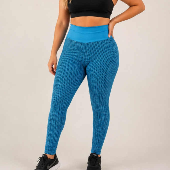 Calça Legging Feminina Texturizada Cintura Alta Academia Fitness Modeladora Azul Zero Marcas