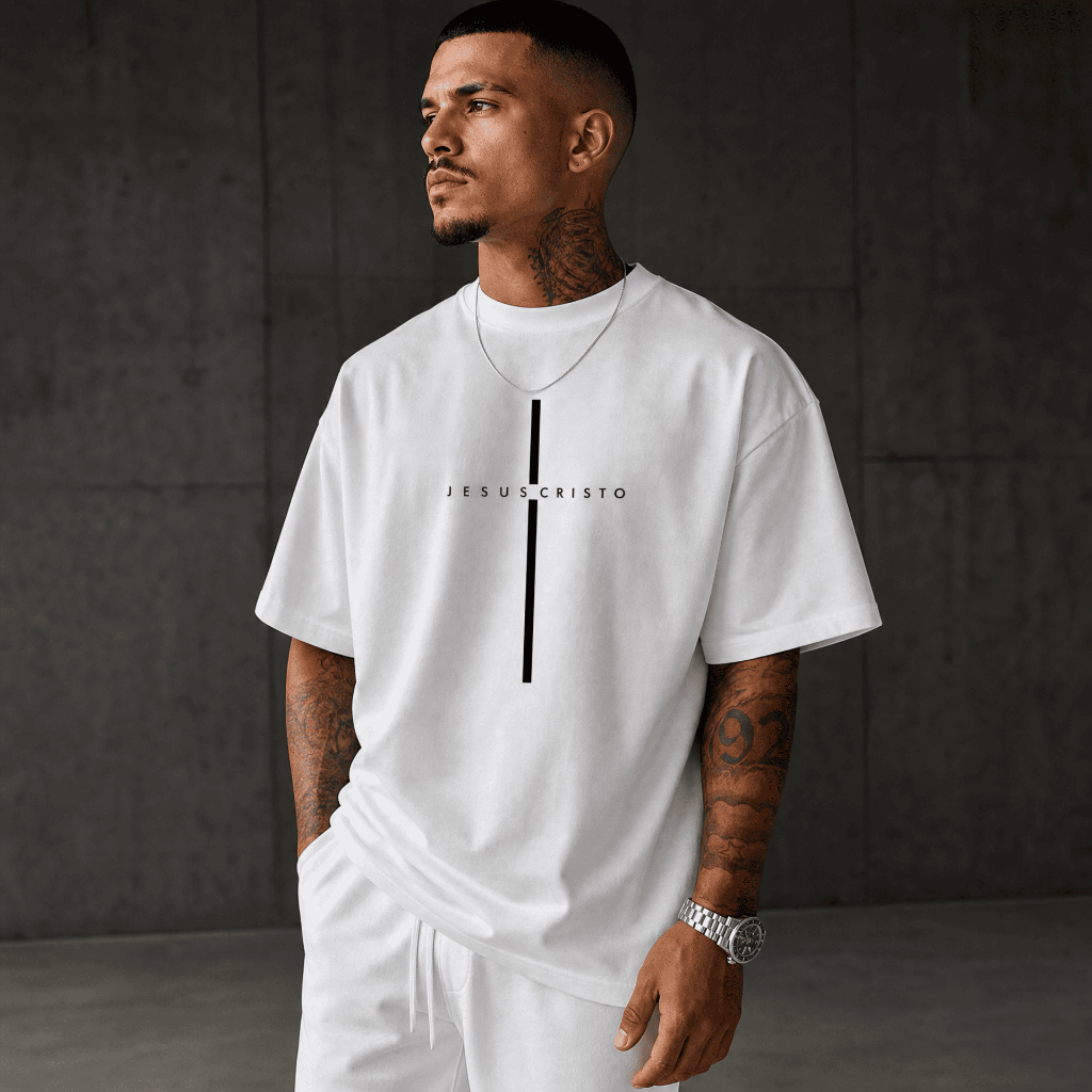 Camiseta Oversized Jesus Cristo Cruz Minimalista Preta Gospel Streetwear Unissex 100% Algodão Premium Lançamento