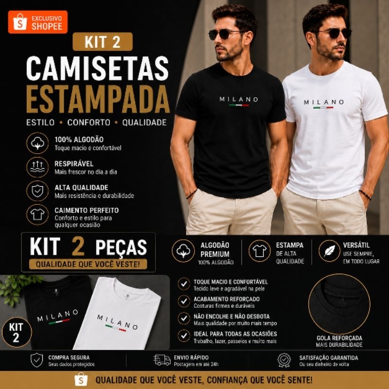 Kit 02 Camisetas Milano Masculina Estampada Algodão Premium 100% Casual Confortável