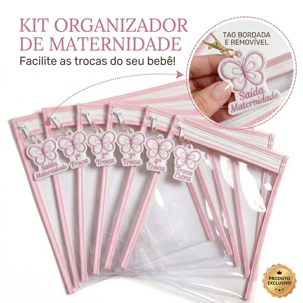 Kit 6 Saquinhos Maternidade com Zíper e Tag Bordada – Organizador Roupas Bebê e Mamãe 26x31cm