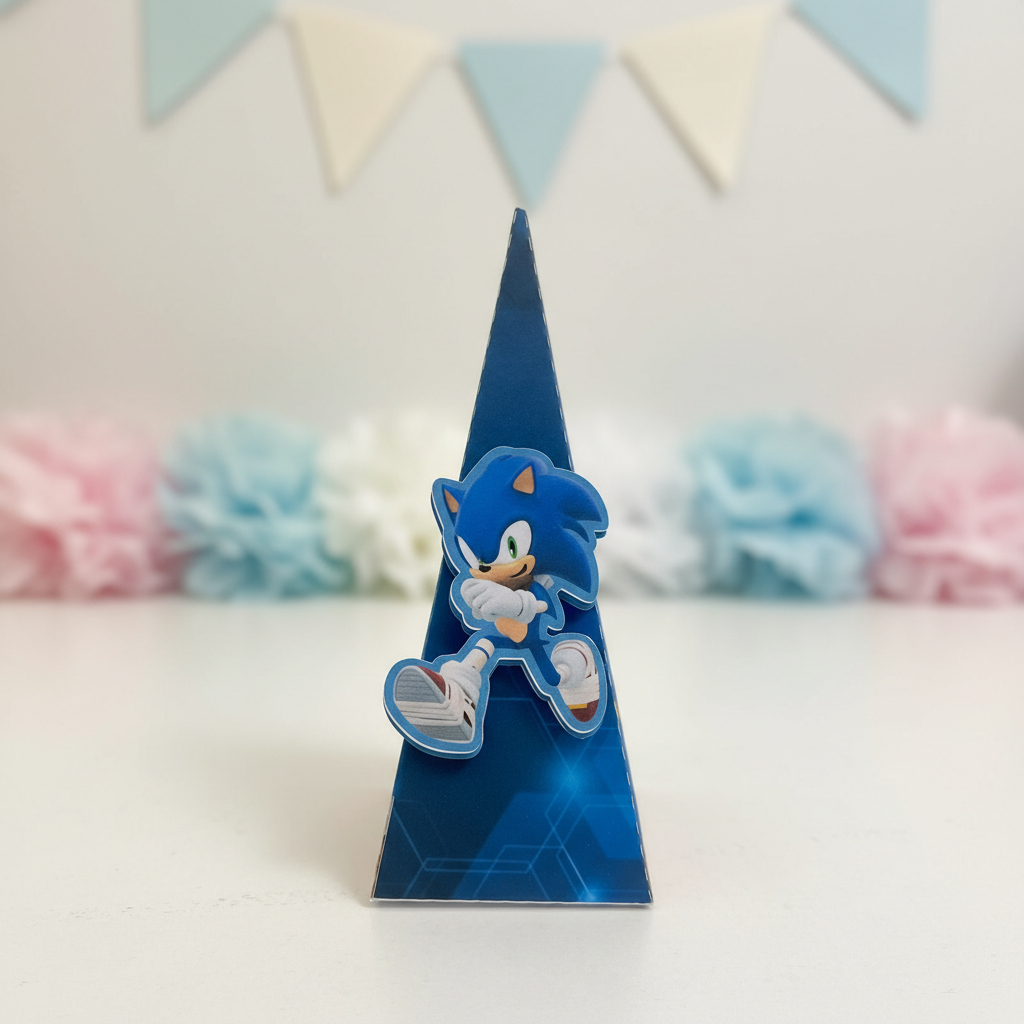 Caixa Pirâmide Sonic Personalizada | Kit 5 10 15 20 Unidades | Lembrancinha Festa Infantil | Aplique 3D|PEGUE E MONTE