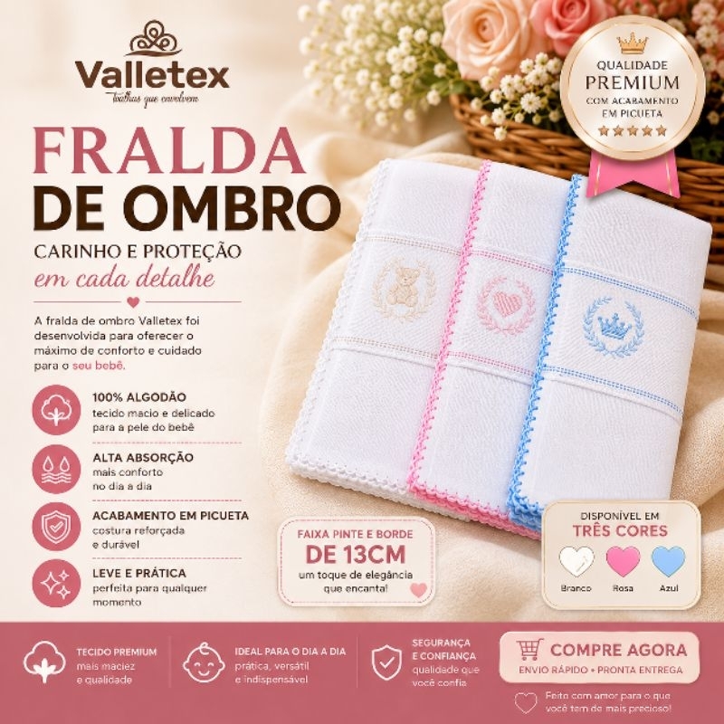 Fralda De Ombro Tecido Premium Valletex Picueta - 35x80cm - Com Faixa Pinte e Borde
