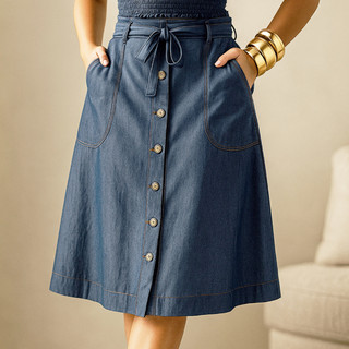Saia Jeans Feminina Midi Botões Frontais Cintura Alta Elegante Casual Godê Evangélica Elegante