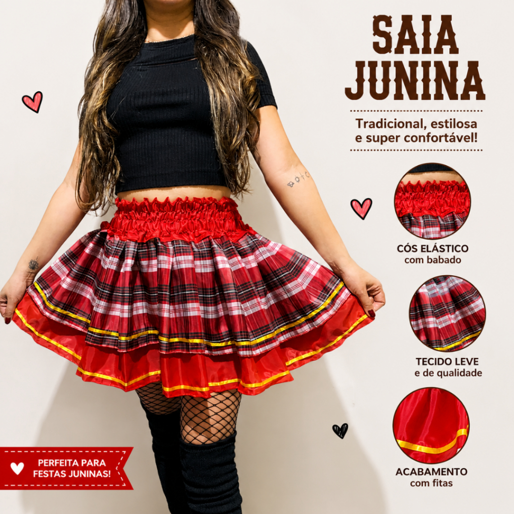 Saia Festa Junina Adulto - Tecido Xadrez | Tamanho Único