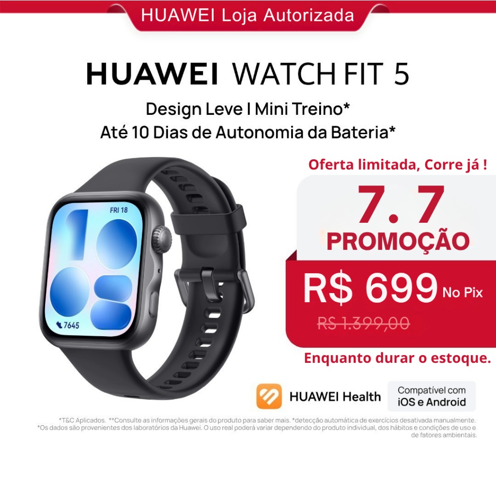 HUAWEI WATCH FIT 5 | Smartwatch Relogio | AMOLED de 182" Design Leve | Mini Treino | 64 GB | GPS
