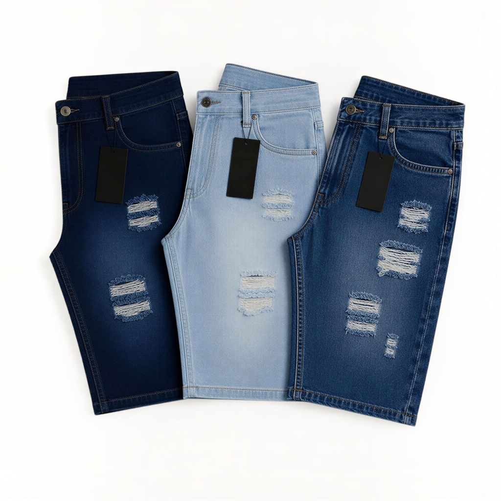 Kit 2 ou 3 Bermudas Jeans Masculinas Premium Rasgadas Moda Casual Streetwear Confortável Alta Qualidade Durável