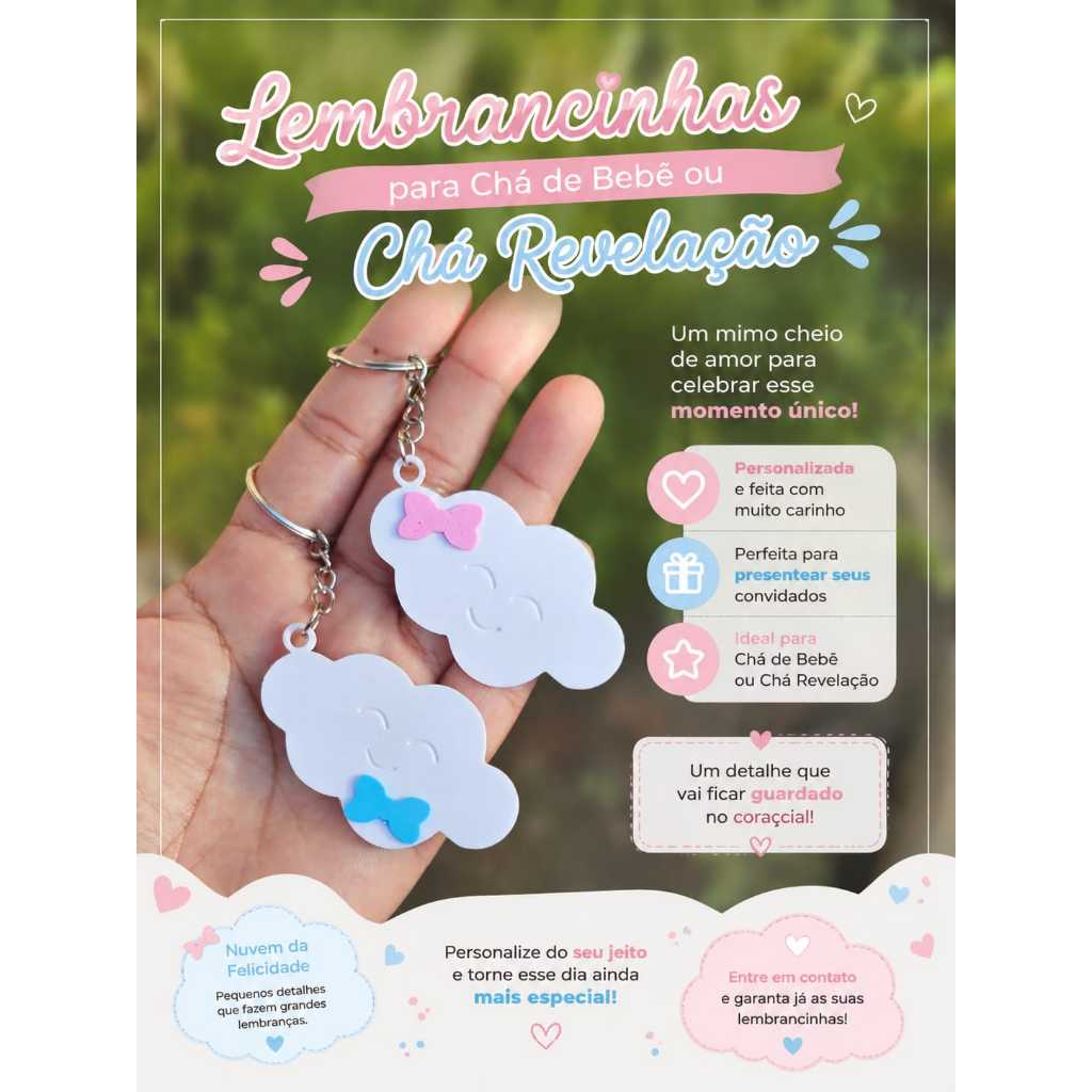 Kit 10 Chaveiros Nuvem Personalizados | Lembrancinha Chá de Bebê, Chá Revelação, Maternidade e Aniversário