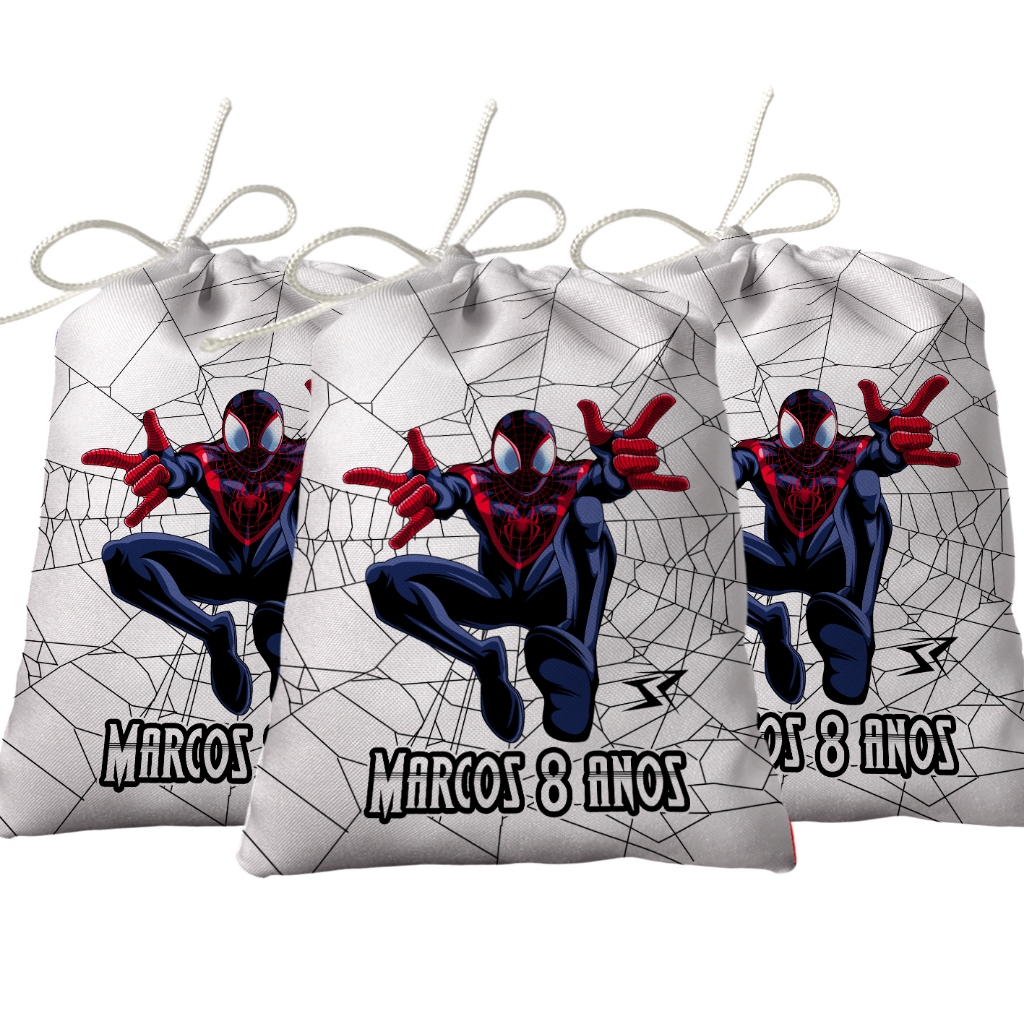 Sacolinha Lembrancinha Festa Aniversário Surpresa Tecido Personalizado Homem Aranha Miles Morales