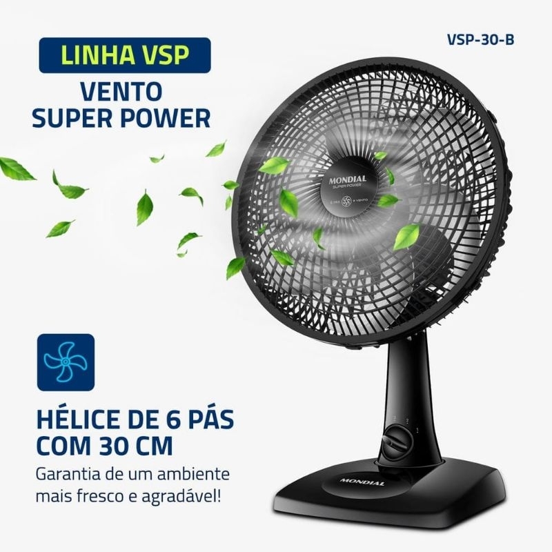 Ventilador de Mesa Mondial Super Power 30cm 55W 3 Velocidades Preto VSP-30-B