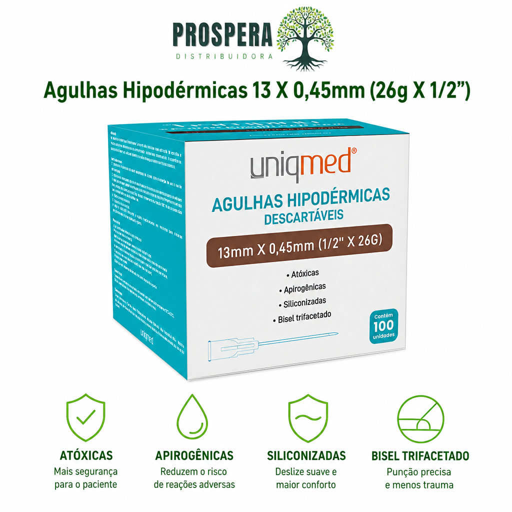 Agulha Hipodérmica 26G 13x0,45mm (26g x 1/2) Estéril - Escolha 25, 50, 100, 200 ou 300 unidades - UNIQMED