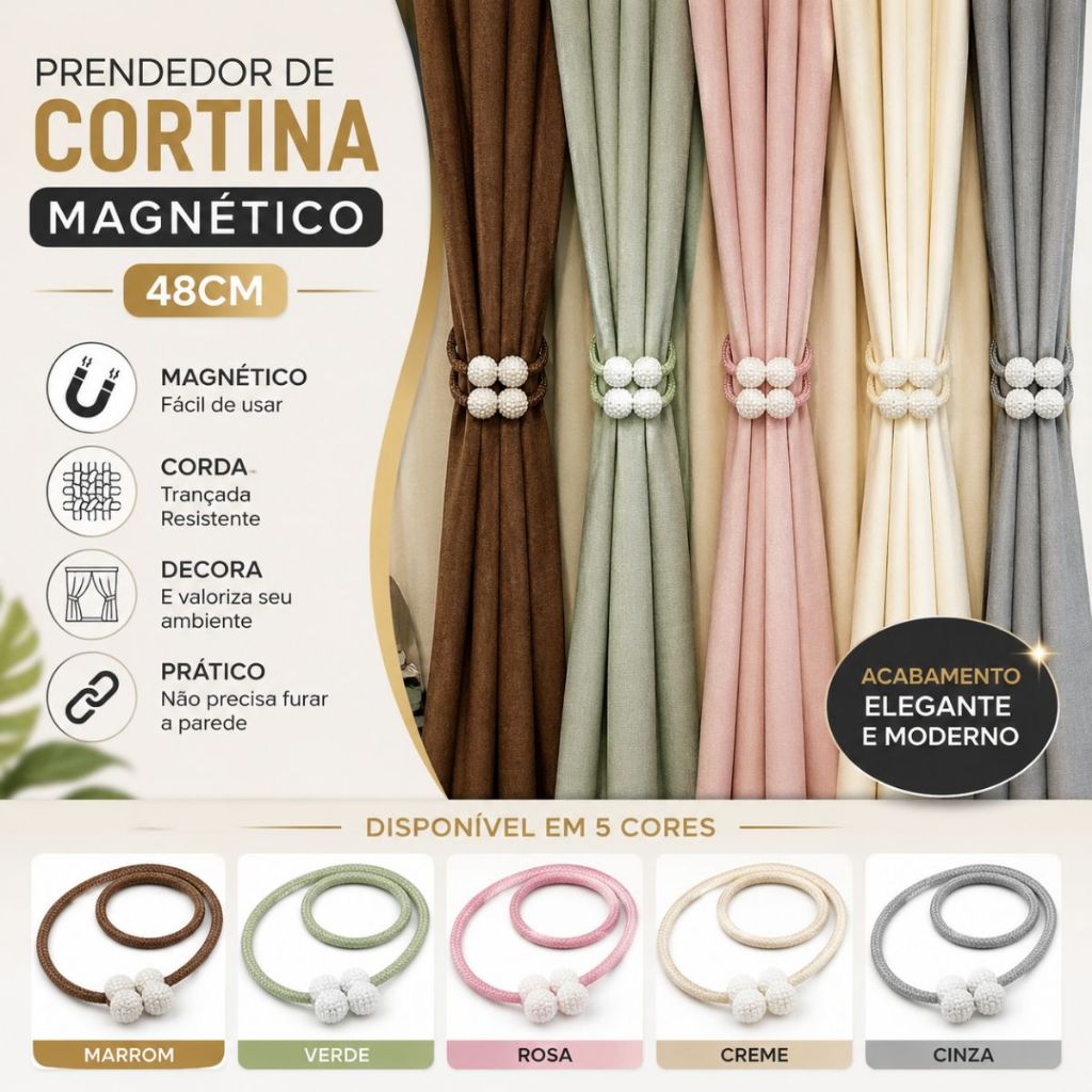 Kit Prendedor de Cortina Magnético Abraçadeira com Ímã Cinto de Cortina Corda Pérolas Decoração Sala