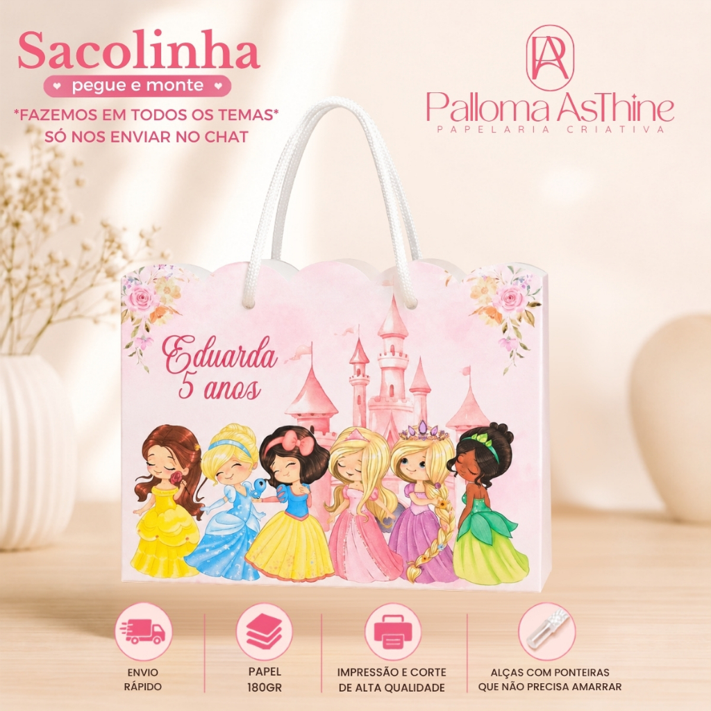 Sacolinha pegue/monte princesas cute lembrancinha personalizada aniversário 20x15x7cm
