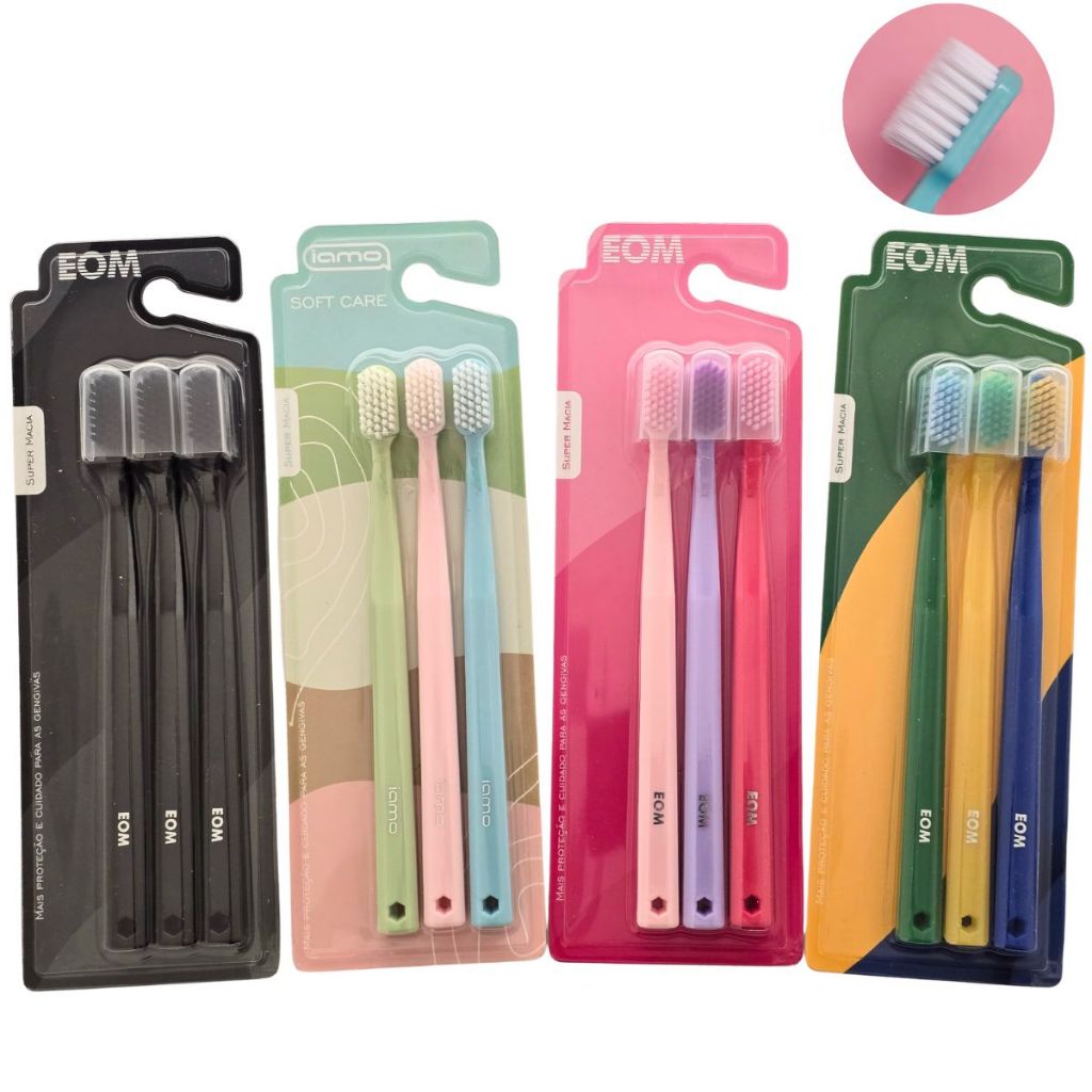 Kit Escova de Dente Adulto Lilas Azul Cerdas Macias com Capa Protetora Rosa 18cm Ideal para Viagem