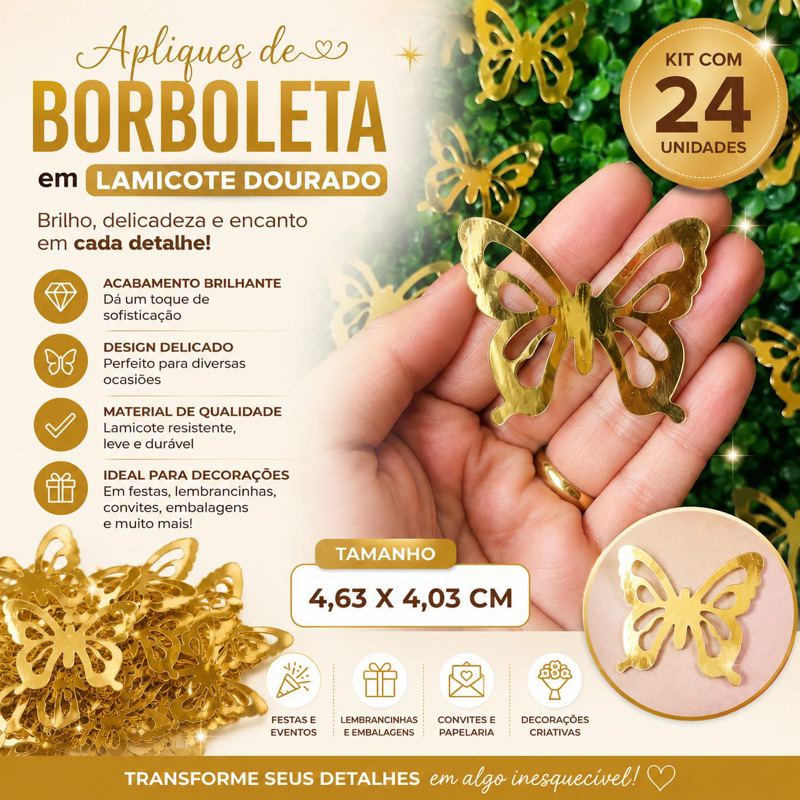 Kit 24 Apliques Borboleta Dourada em Lamicote 4,63x4,03cm| Aplique para Topos de Bolo, Lembrancinhas e Personalizados