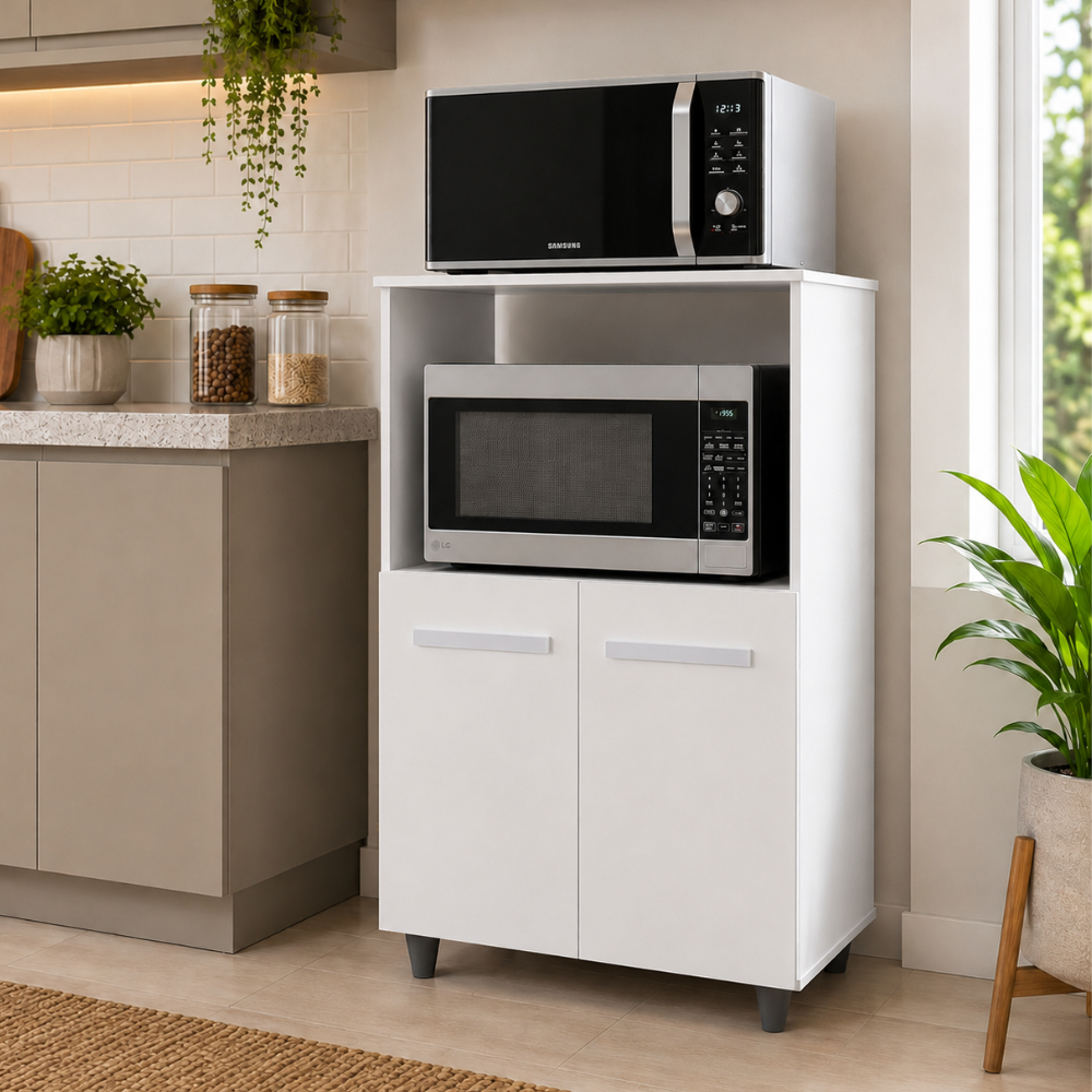 Balcão Multiuso Taís Organizador Cozinha Micro-ondas 2 Portas Cor Branco - Mobylar