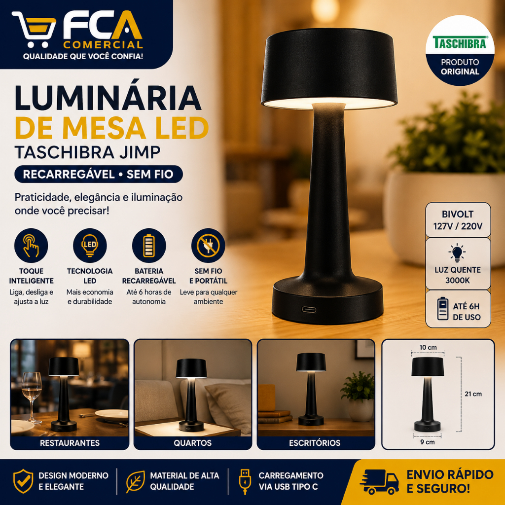 Luminária de Mesa LED Taschibra Jimp Recarregável sem Fio Touch USB-C Bivolt Preta Luz Quente 3000K